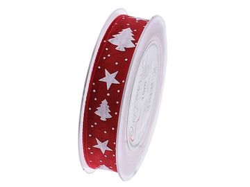 Vianočná dekoračná stuha 25mm stromčeky a hviezdičky - červená