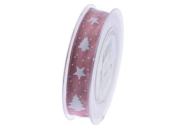 Vianočná dekoračná stuha 25mm stromčeky a hviezdičky - ružová