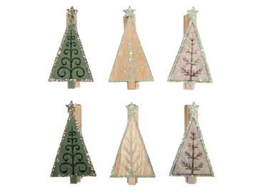 Vianočné štipce s filcovou a drevenou ozdobou 6ks - stromčeky