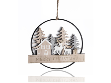 Vianočný dekoračný kruh s drevenou ozdobou 22x15cm - sivo-biela