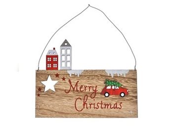 Závesná drevená doštička Merry Christmas s domčekmi